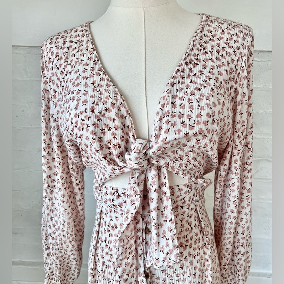 Faithfull The Brand Trinidad Rae Pink Floral Tie Front Cut Out Mini Dress - Picture 9 of 16